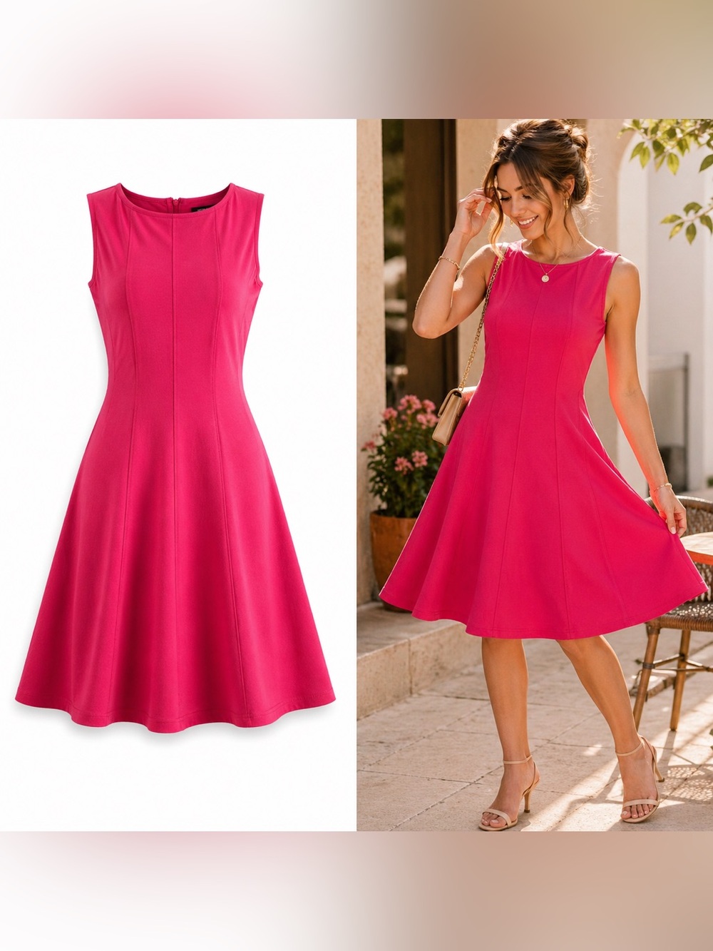 APT. 9 Hot Pink Fit & Flare Dress Sleeveless Stretch L Bright Pink Skater Dress